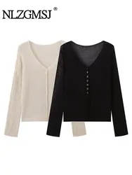 TRAF 2024 autunno Cardigan da donna semplice lavorato a maglia elegante maglione sciolto tinta unita con scollo a v Versatile Cardigan morbido da donna