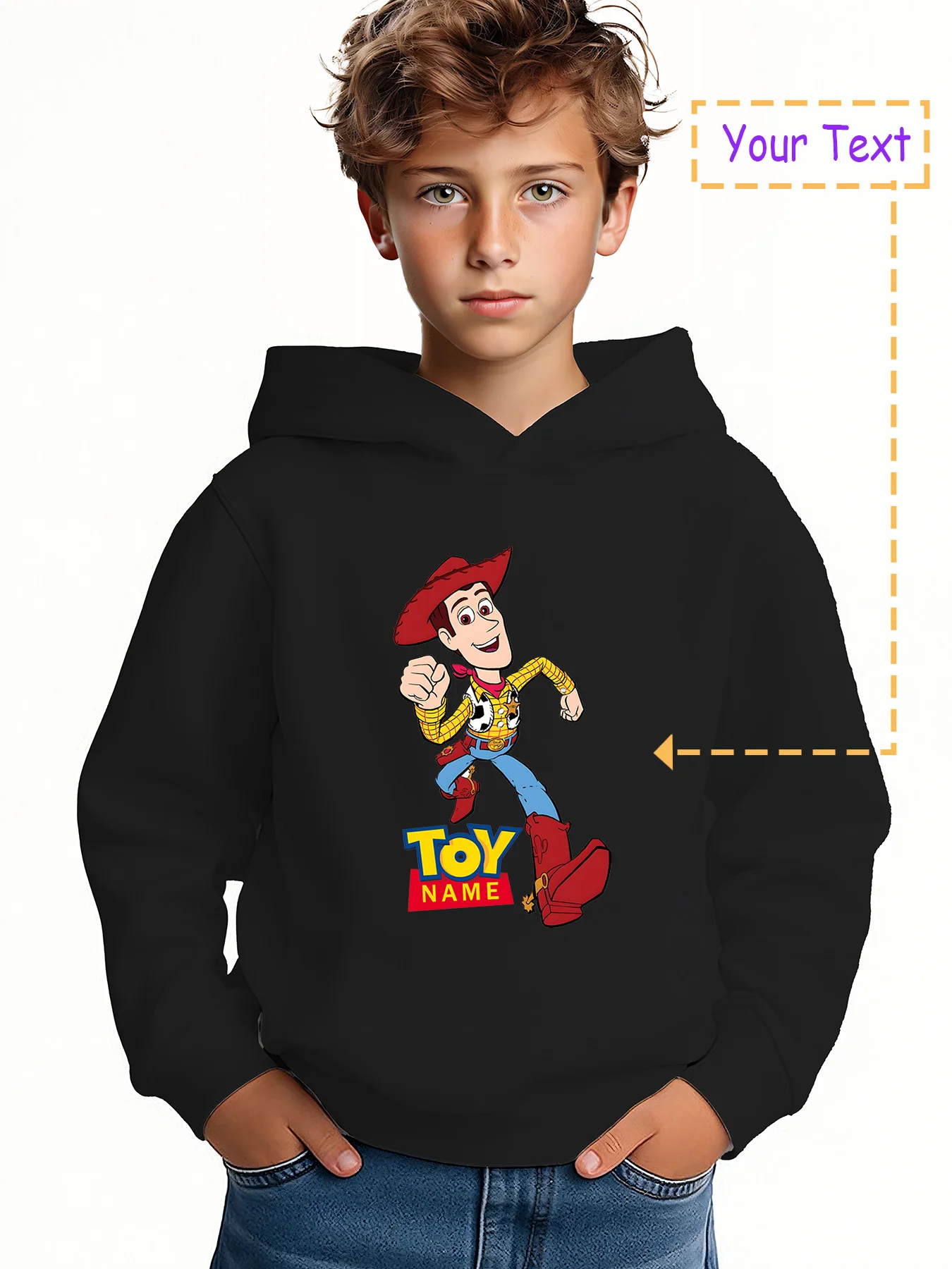 

MINISO Sheriff Woody Toy Name Hoodie - Featuring Sheriff Woody from Toy Story, customizable with "Toy Name." Perfect for fall