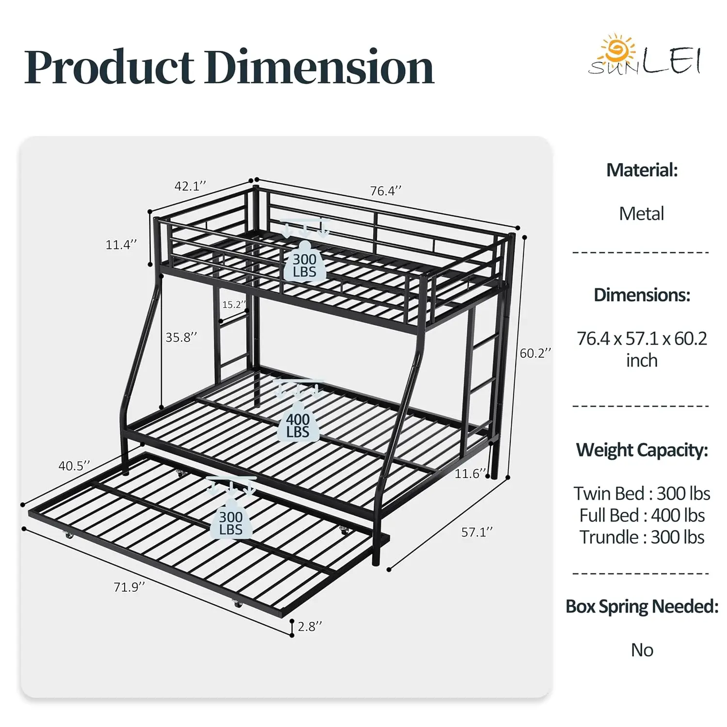 Metal Bunk Beds with Double Secured Ladders, Twin Over Full Bunk Bed with Surrounded Safety Guardrails, Space Saver, Customized