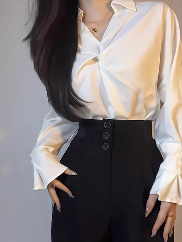 

White Silk Satin Women's irt Spring Autumn Flared Sve V-ne Profional Brand Button Korean Sle Loose Fit Long Sve