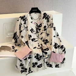 Women's Long Sleeve Printing Chiffon Blouse Spring Summer elegant Chinese Style Loose tang suit Stand Collar Shirt