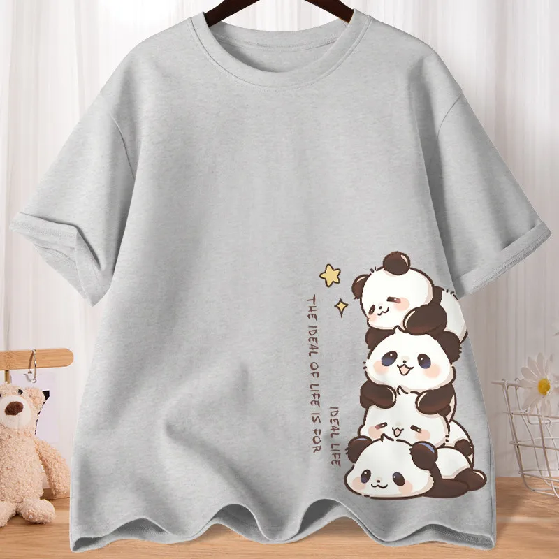 Summer Cartoon Cute Treasure Panda Sweet Printed Short Sleeve T-shirt Women\'s Loose Leisure Soft Bottom Oversized Shirt Top