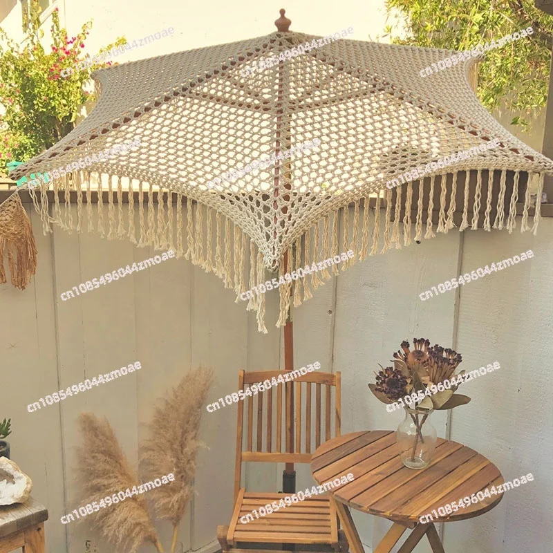 Bali Outdoor Wooden Pole, Patio Sun Parasol Hand-tied Cotton Woven Macrame Fringe Canopy Beach Umbrellas With Tassel For Garden/