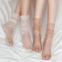 Sexy Ultra-thin Fluffy Socks Women Glisten Transparent Long Socks Tulle Chiffon Woman Socks Leg Female Streetwear