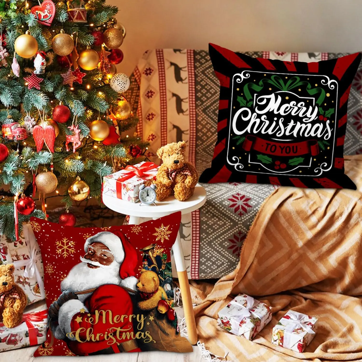 Lanpn Black Santa 18x18 Christmas Pillow Covers Set of 4, Black African American Claus Girl Decorative Holiday Throw Pillow Case