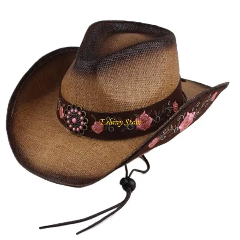 N58F Cowboy Straw Sun Hat for Female Wide Brims Visor Hat with Embroidery Flower Cowgirl Hat Carnivals Party Hat Headwear