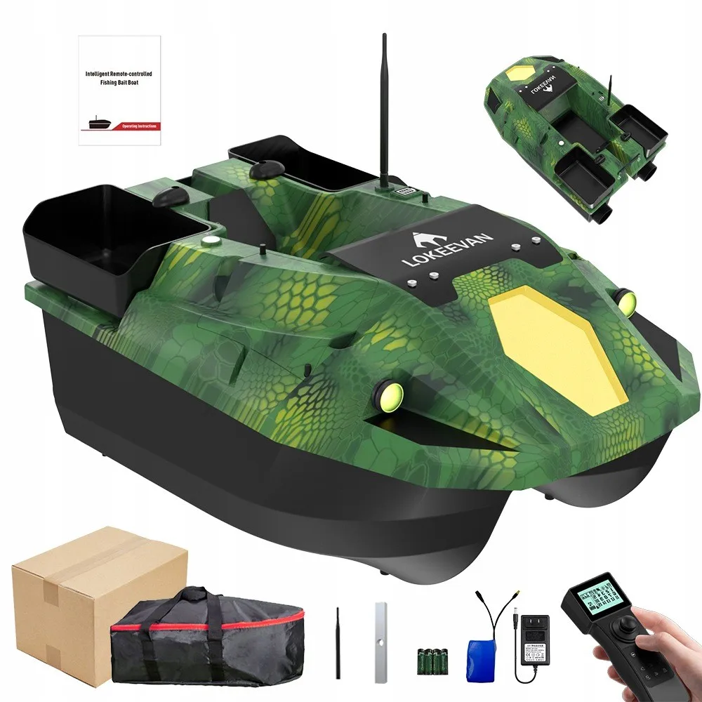 LOKEEVAN D70E GPS Aasboot met Grote Aascontainer, 2,5KG Laadvermogen, 15600x2 mAh Automatische Aasboot, 600M Bereik, 100 GPS-locaties, Visvinder voor Diepte & Watertemperatuur, Automatische Terugkeer