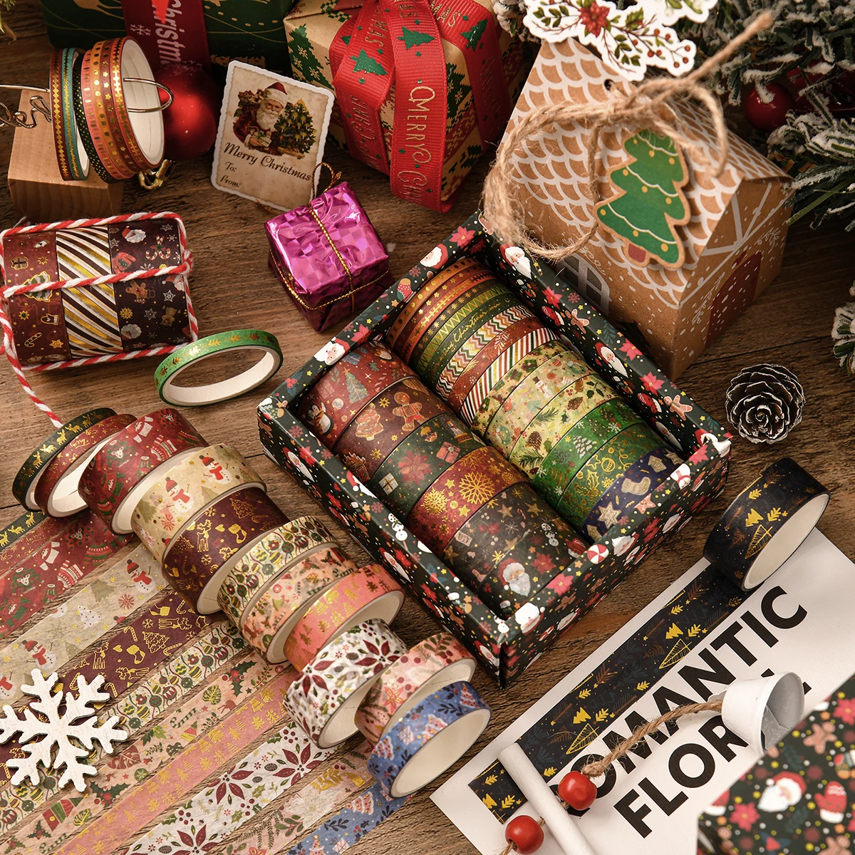 【セール中】クリスマス柄の和紙テープ21ロール/箱、DIYジャーナル、商品包装装飾材料、絶妙なギフトに最適です。