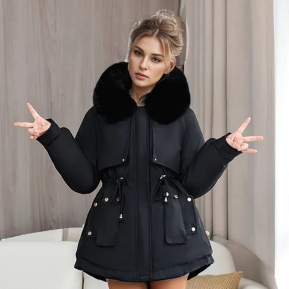 YJKDYK 2024 Winter Women\'s Padded Jacket Fur Collar Warm Parkas Coats Tops Women\'s Drawstring Waist Cinching Cotton Jacket