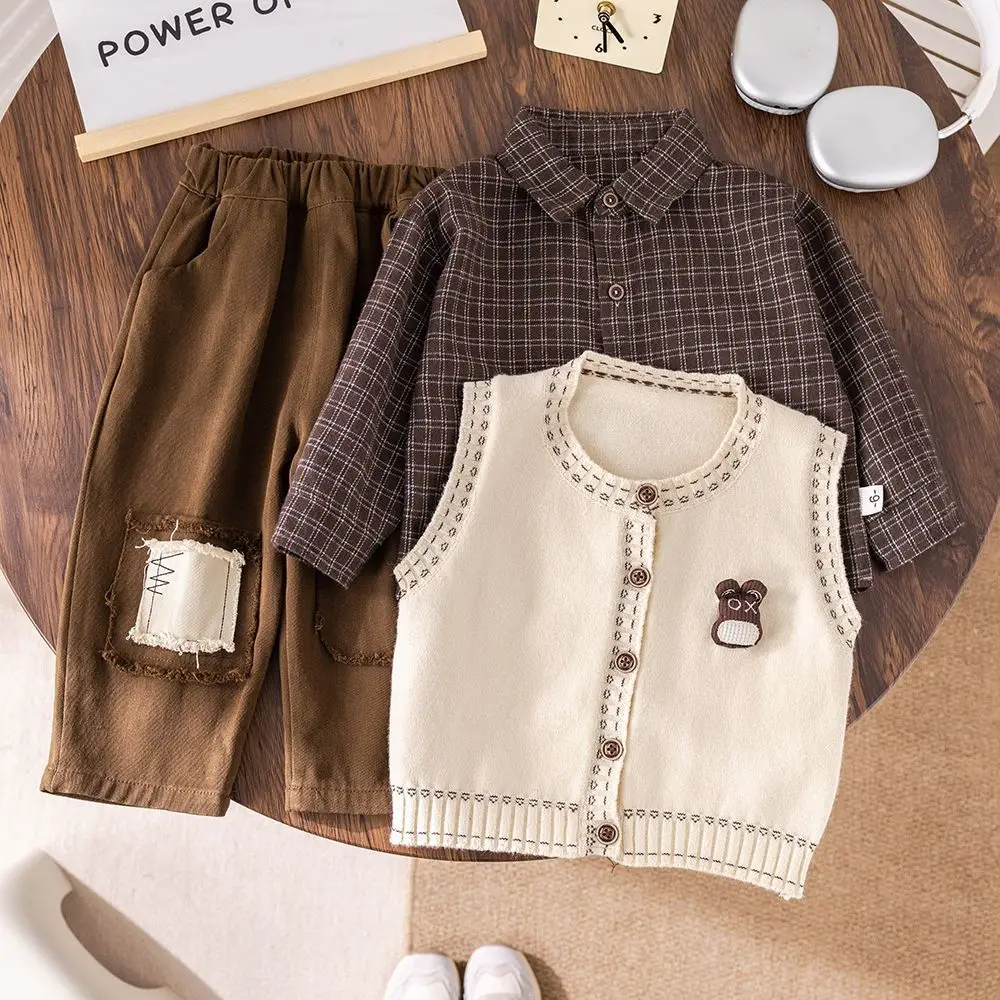 3PCS set Spring Autumn Boy Clothing set Knit vest+Stripes Shirts+Pant Kids Suit Children baby toddler boys Handsome clothes