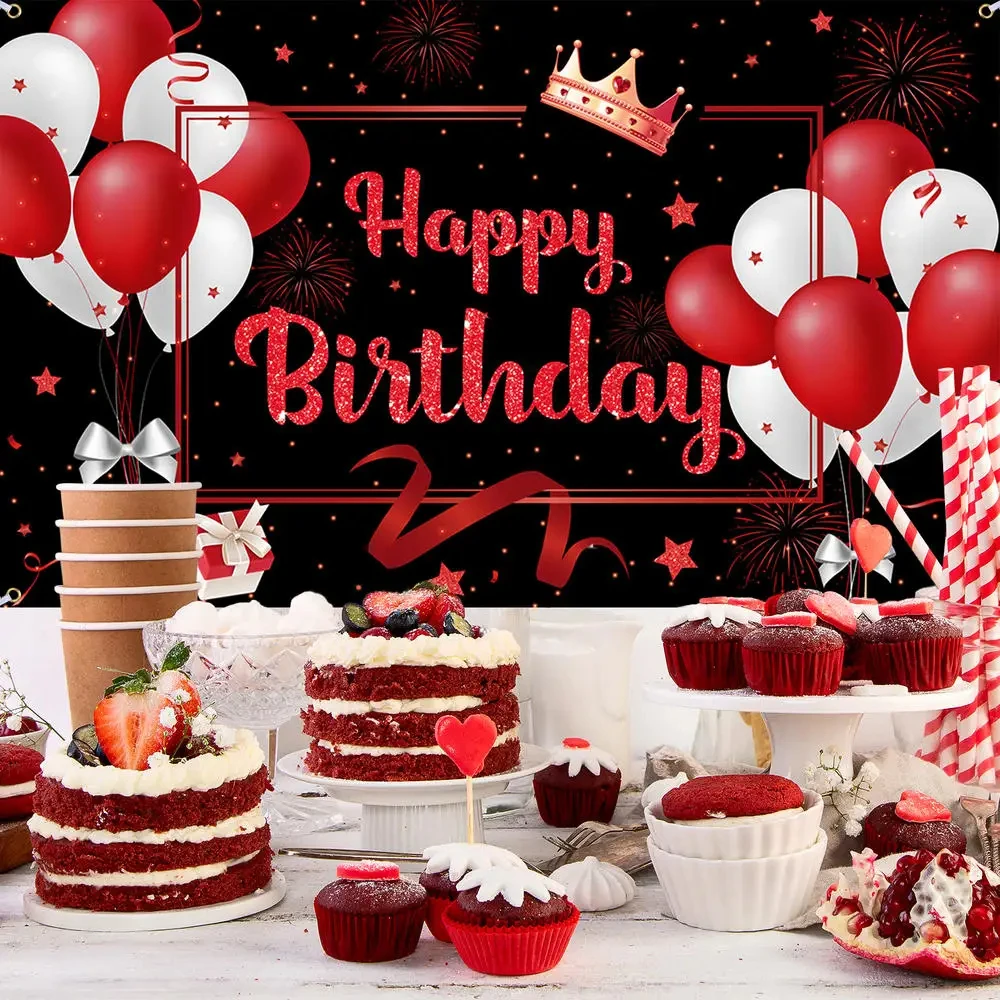 Red Birthday Banner Decorations Balloons Party Decorations Photo Booth Background for Women Girls Birthday Anniversary Party Sup