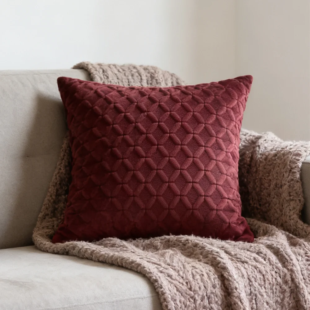 Luxurious Burgandy Quilted Velvet Armchair Sofa Throw Pillow Case 45x45cm Home Room Decor Cushion Cover 1 Piece Pack