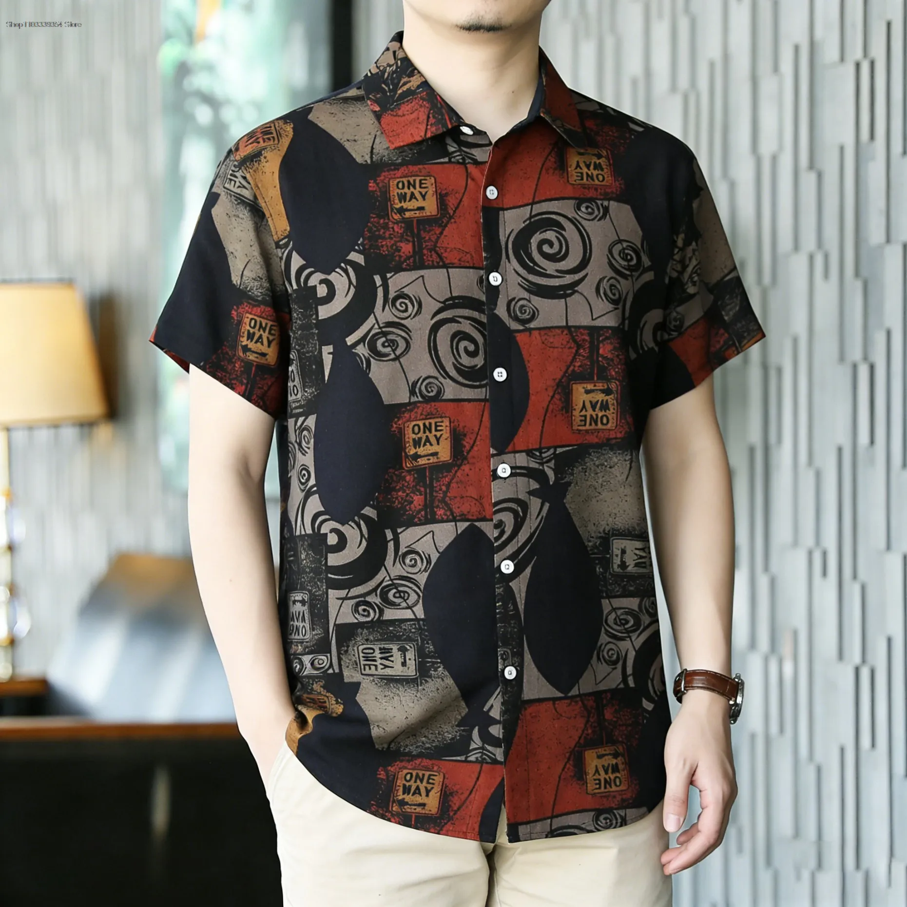 Vintage Men's Color Block Shirt Red Black Brown Short Sleeve Lapel Collar Casual Button Up Summer Daily Wear Lightweight Shirts