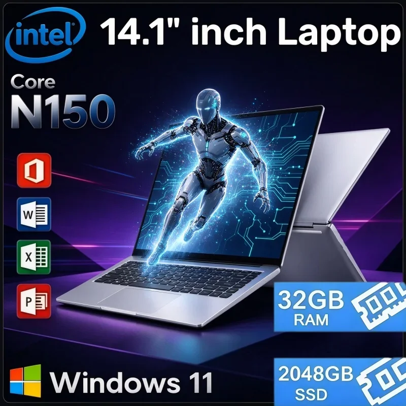New 14.1 Inch Notebook Computer Intel N150 32GB RAM 2TB SSD 1080P Full HD Windows 11 Ultra Slim Home Entertainment PC