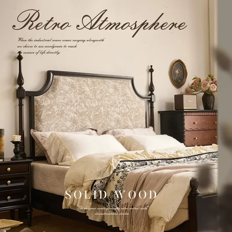 For French Retro Solid Wood Soft Upholstered Bed with Roman Columns European Style Double Queen Size 1.8m 2x2m Master Bedroom