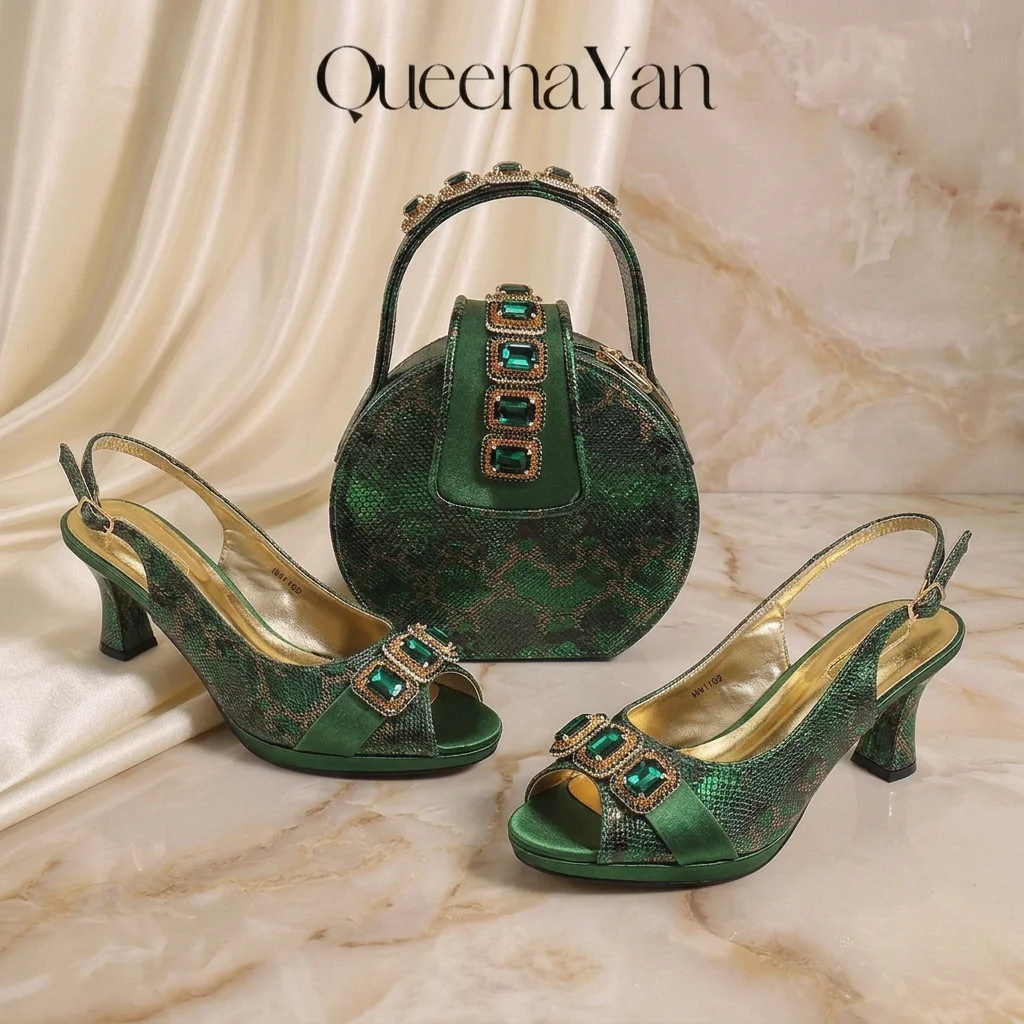 Elegant Green Peep‑Toe High Heel Sandals & Round Handbag Set,Rhinestone Decor Italian Style Women Party Shoes Bag Matching Set view 2