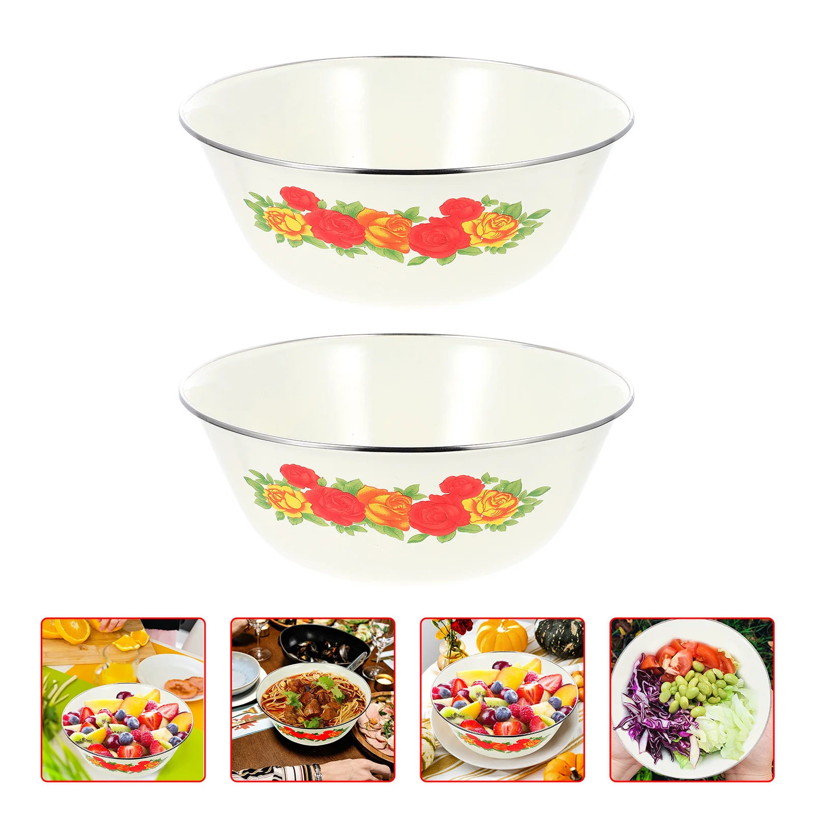 

2Pcs Vintage Enameled Bowls Retro Design Easy Clean Multipurpose Home Containers for Storing and Serving Enamel Basins