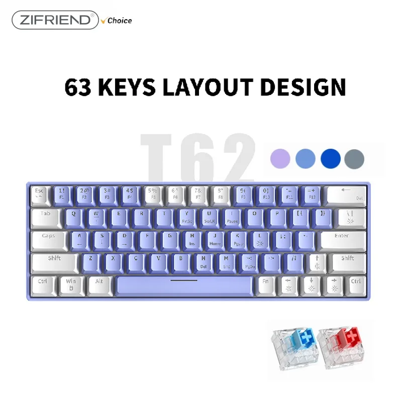 ZIFRIEND-T62 Teclado mecânico, efeito Rainbow RGB, teclados para jogos Hot Swappable, interruptor azul e vermelho, 25 teclas, 63 teclas