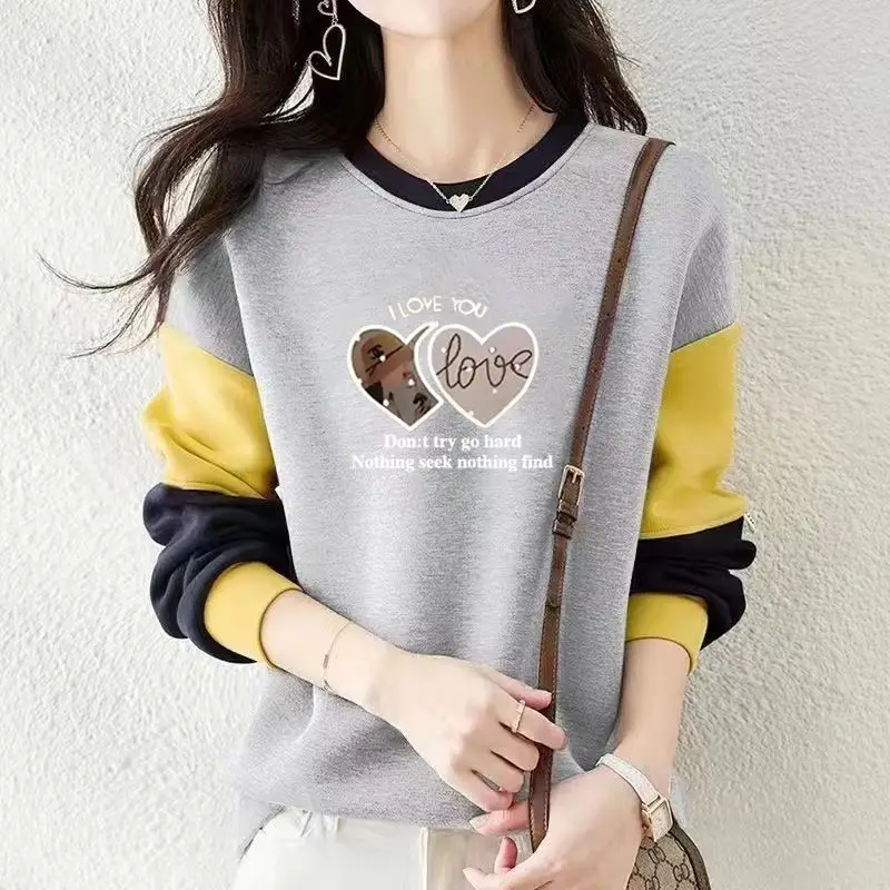 Spring Autumn Round Neck Loose Casual Patchwork Pure Cotton Sweatshirt Female Long Sleeve Printing Pullover Tops Women Outwear