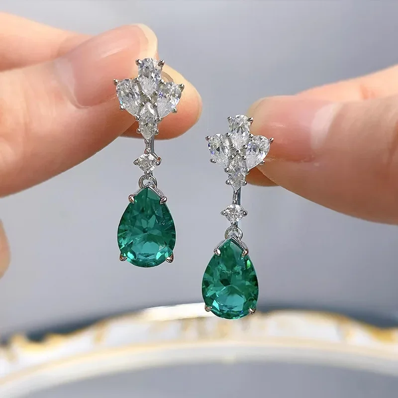 

Water Drop Emerald Diamond Dangle Earring 100% Real 925 sterling silver Wedding Drop Earrings for Women Engagement Jewelry Gift