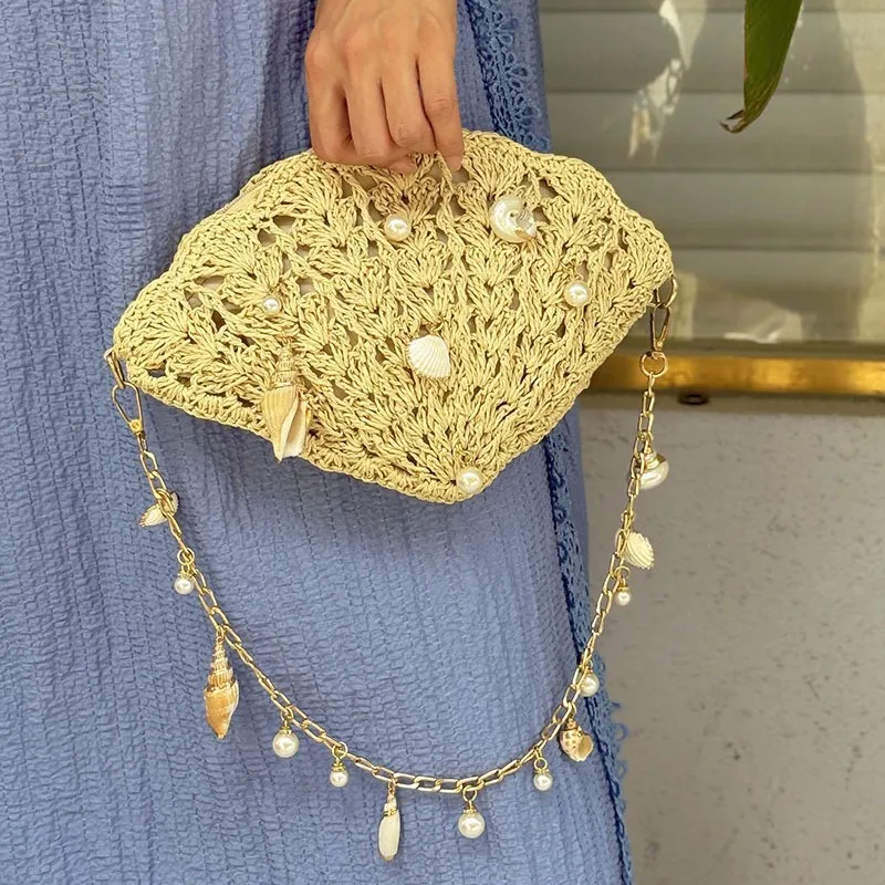 

Bohemian Pearls Straw Bag Conch Starfish Women Handbags Shell Beach Shoulder Bags Designer Rattan Crossbody Bags Ladies Tote Ins