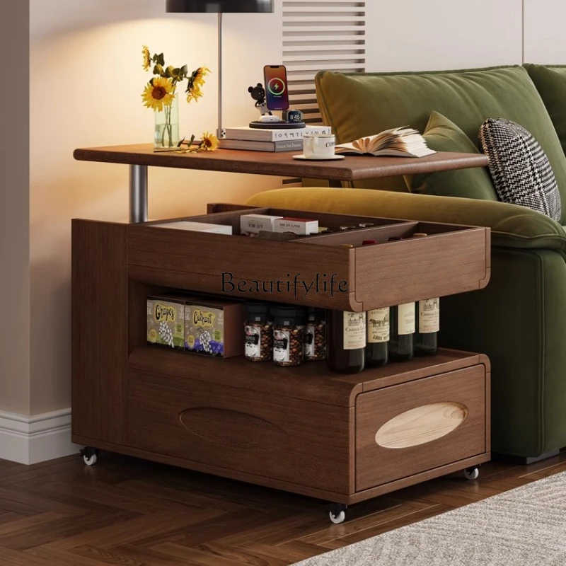 

-*Solid wood mobile coffee table desktop liftable small apartment living room home sofa side cabinet trolley bus side table