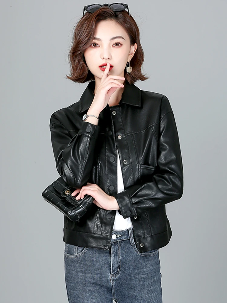 2025年春新作 レディース オーバーフィット ブラックシープレザージャケットコート 韓国風 スリムフィット 海寧産本革アウター