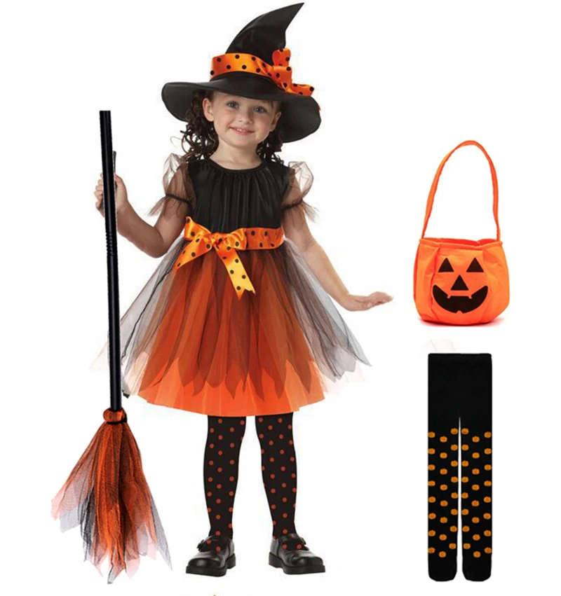 Halloween Cosplay Witch Costume Hat for Baby Girl Children Carnival Party Gown Infant Witch Dress Clothing Set Fancy Prom Dress