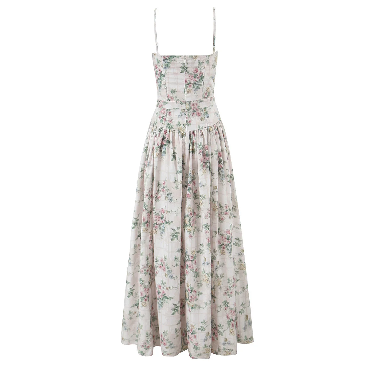 ヴィンテージ自由奔放に生きる花柄プリントマキシドレスベージュフリルボディコンストラップ背中の開いた女性のドレスセクシーな職業女性 Vestidos 新しい