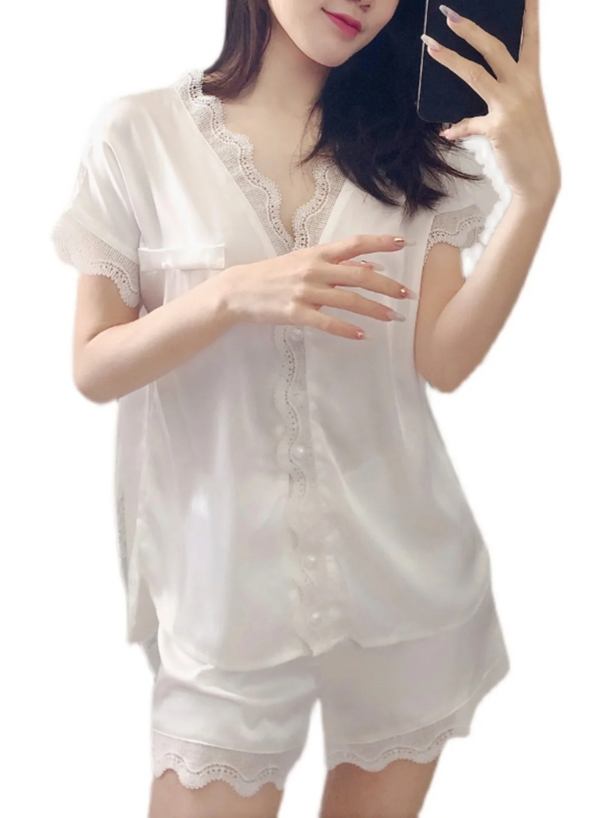 

2024 Sexy Lace Trim Ice Silk ort Sve Spwear Set Women's Summer Thin Casual Home Clothes Thin ort Pants V-ne Home ...