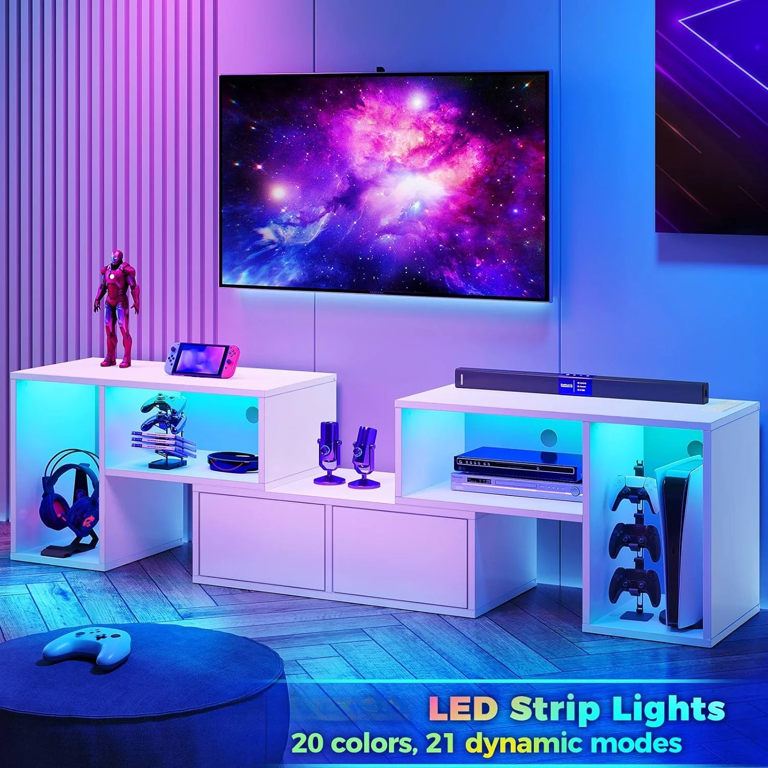 

TV Stand, Deformable TV Stand with Power Outlets & LED Strip, Modern Entertainment Center for 45/50/55/60/65/70 inch TVs