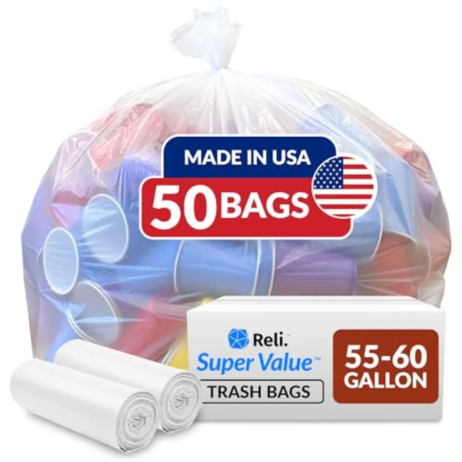 

SuperValue 55-60 Gallon Trash Bags 50 Count Made in USA Heavy Duty Clear Multi-Use Garbage Bags