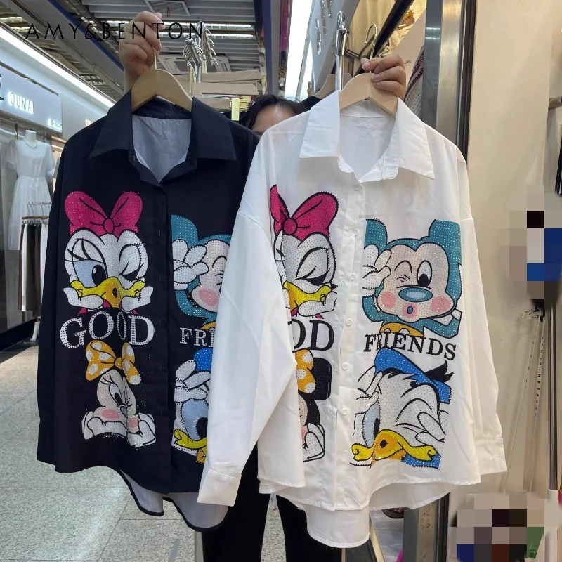 

Beautiful Trendy Brand 2025 Autumn Cartoon Fashion Loose Shirt Cardigan Women's Oversized Long-sleeved Single-breasted Blouse