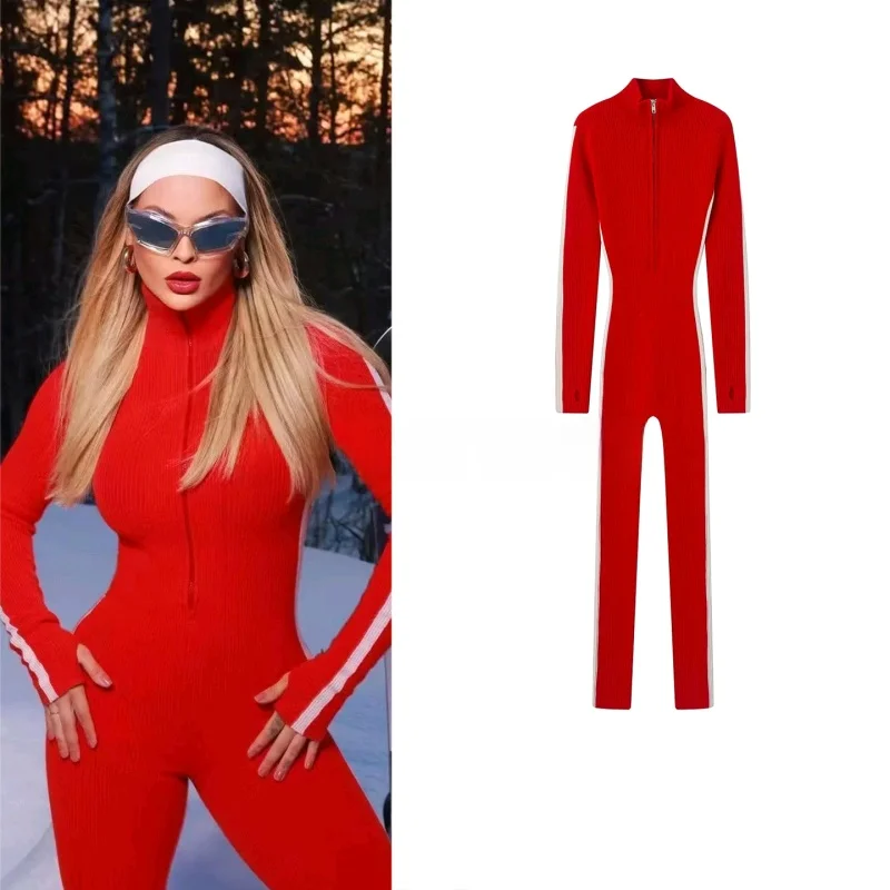 

Spring New Women's mat Design Slim Fit Knitted f Zip Fingerl Jumpsuit High Waist Long Pants Polyester Fiber