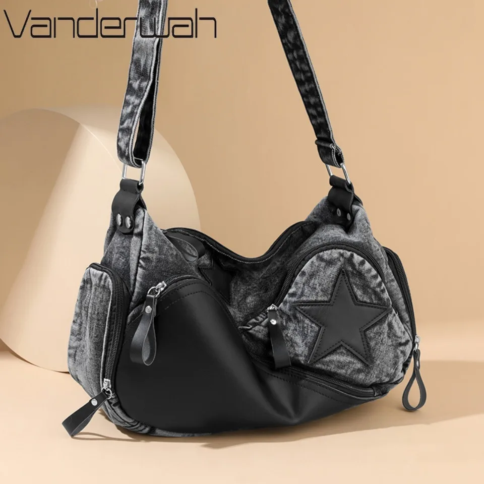 

Luxury Soft Denim Pu Leather Brand Girls Shoulder Bags Black HandBags New Arrival Motorcycle Bags Crossbody Messenger for Women