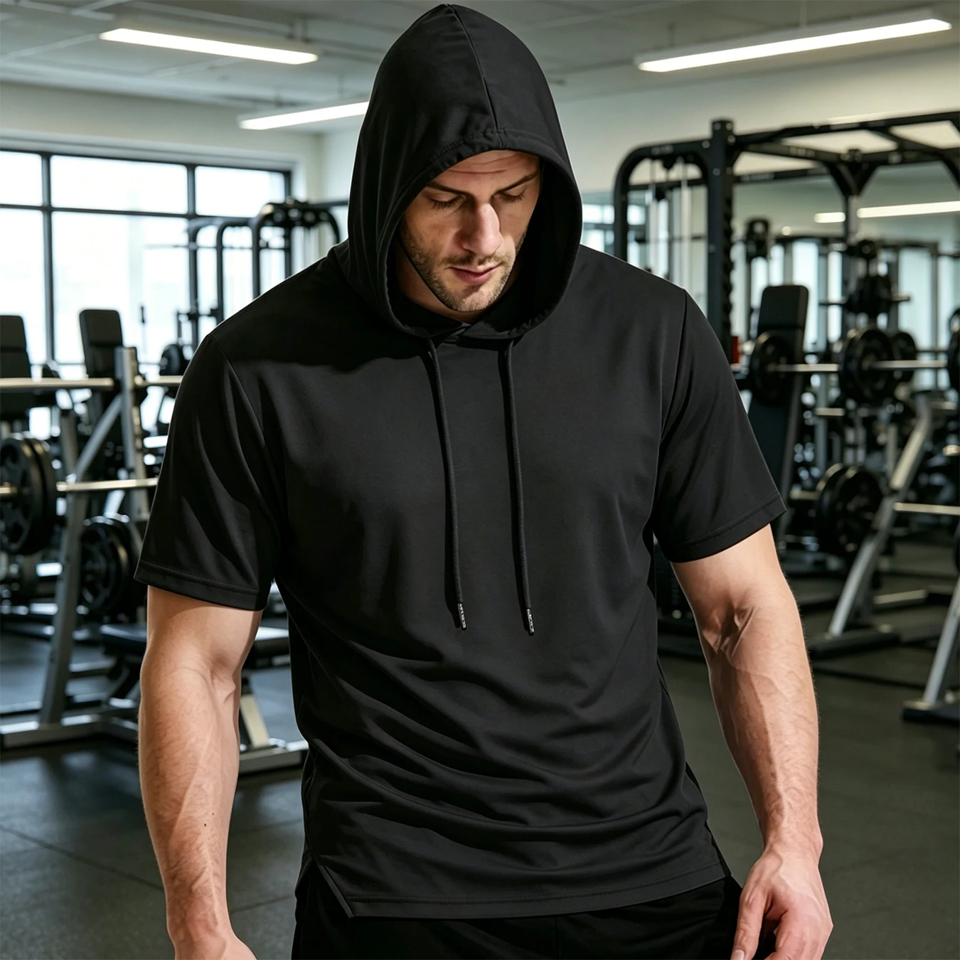 Men Quick Dry Hooded Short Sleeve T-Shirt Curved Split Hem Drawstring Hood Lightweight Breathable Anti-Fading Athletic Tee