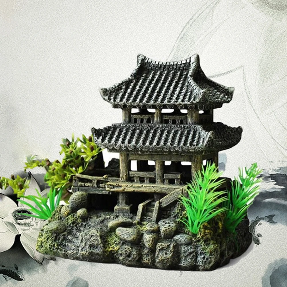 Artificial Resin Figurine Fish Shrimps Shelter House Ancient Building Landscape Home Garen Room Table Decoration Layout Props