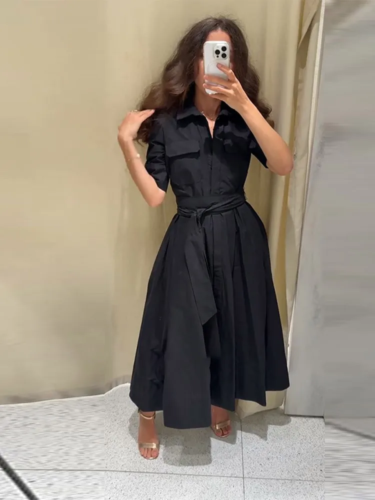 navy blue dress for baby girl Pariaura Women's Spring Summer French Elegant Office Hollow Shirt Collar Cinched Waist Layered A-Line Hem White Dress,M main image 0