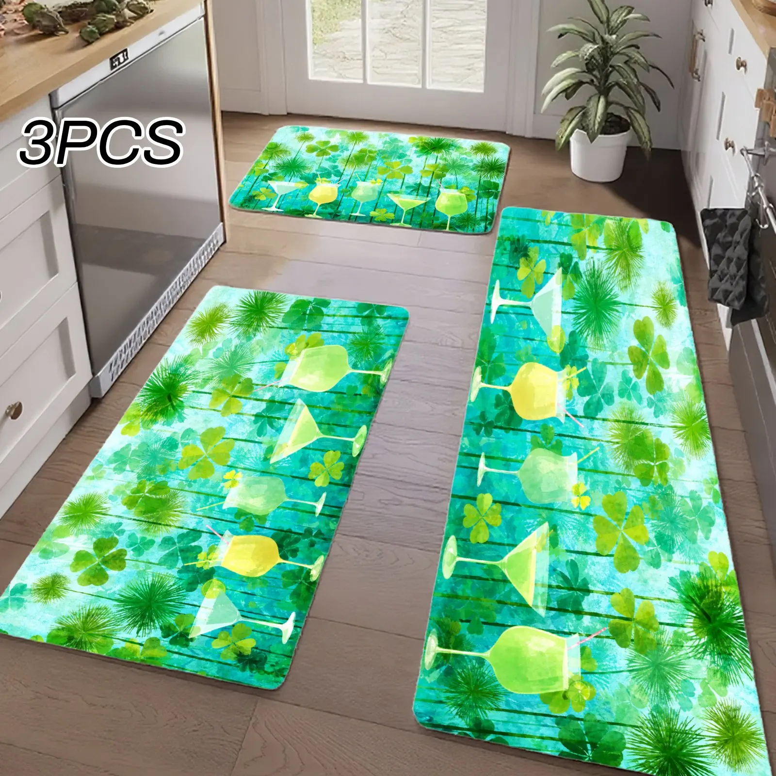 3PCS Kitchen Rugs,Home Decoration for Front Door, Kitchen, Tropical Palm Trees Cocktail Glasses Leaves Pattern Dining Mat