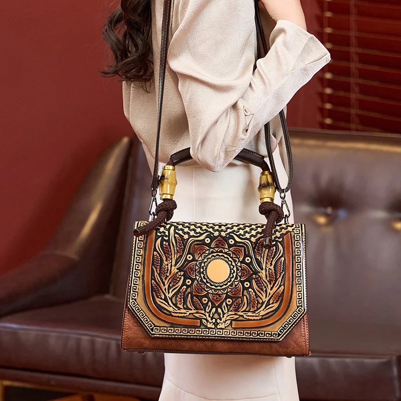 Retro luxury leather carving bag 2024new high-end handbag with embossed design for women, single shoulder crossbody bag, handbag