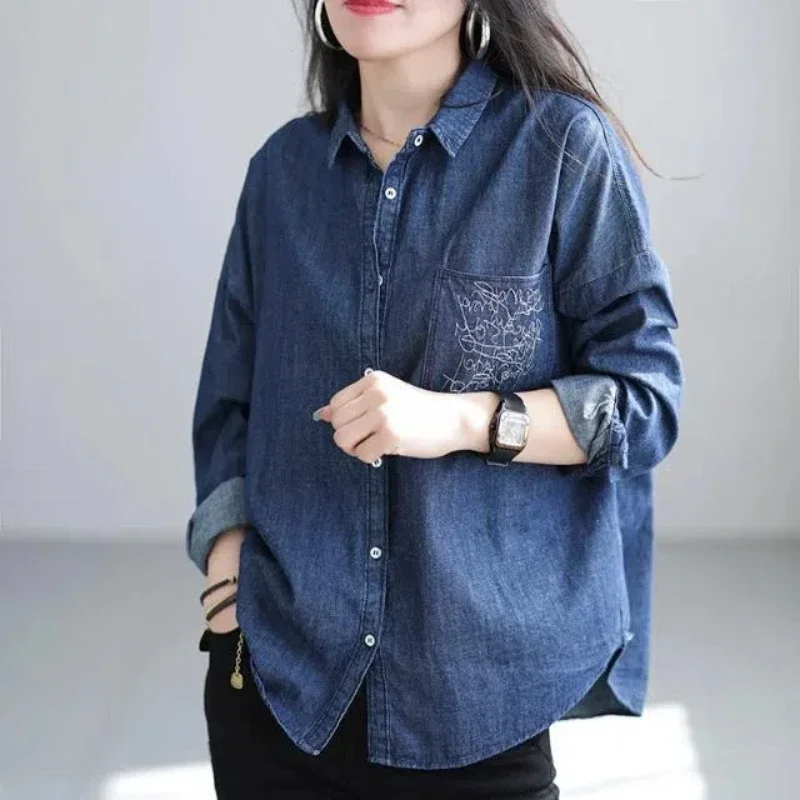 

Spring and Autumn Women's New Splicing POLO Collar Button Pocket Fashion Solid Color Loose Casual Long Sleeve Shirts XQ735