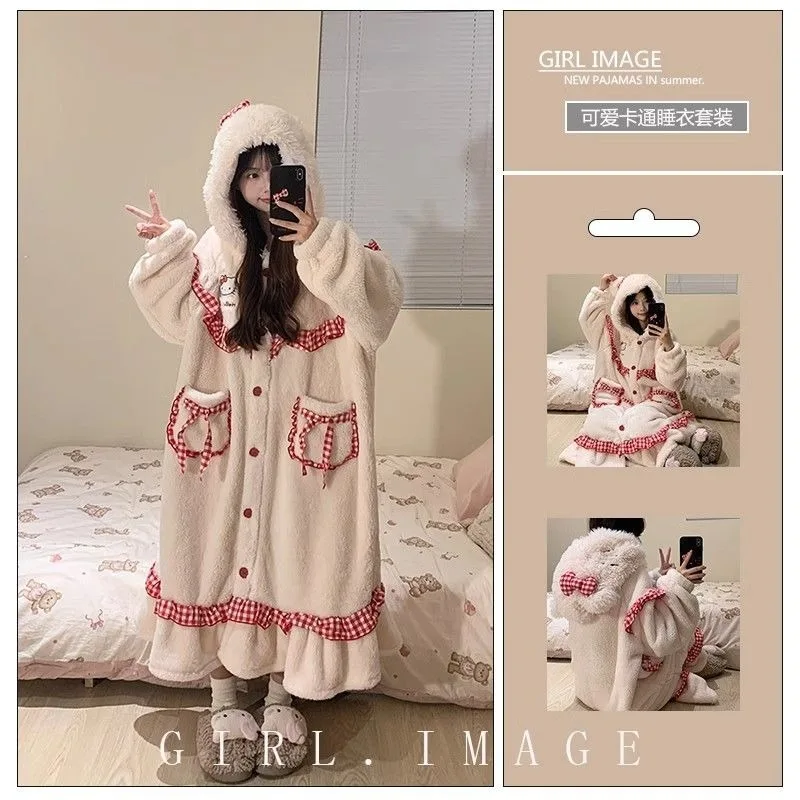 

Коралловые бархатные пижамы с милым мультяшным котенком, одежда для дома, ночная рубашка с длинными рукавами, утолщенная зимняя с капюшоном для девочек, студенческая рождественская теплая