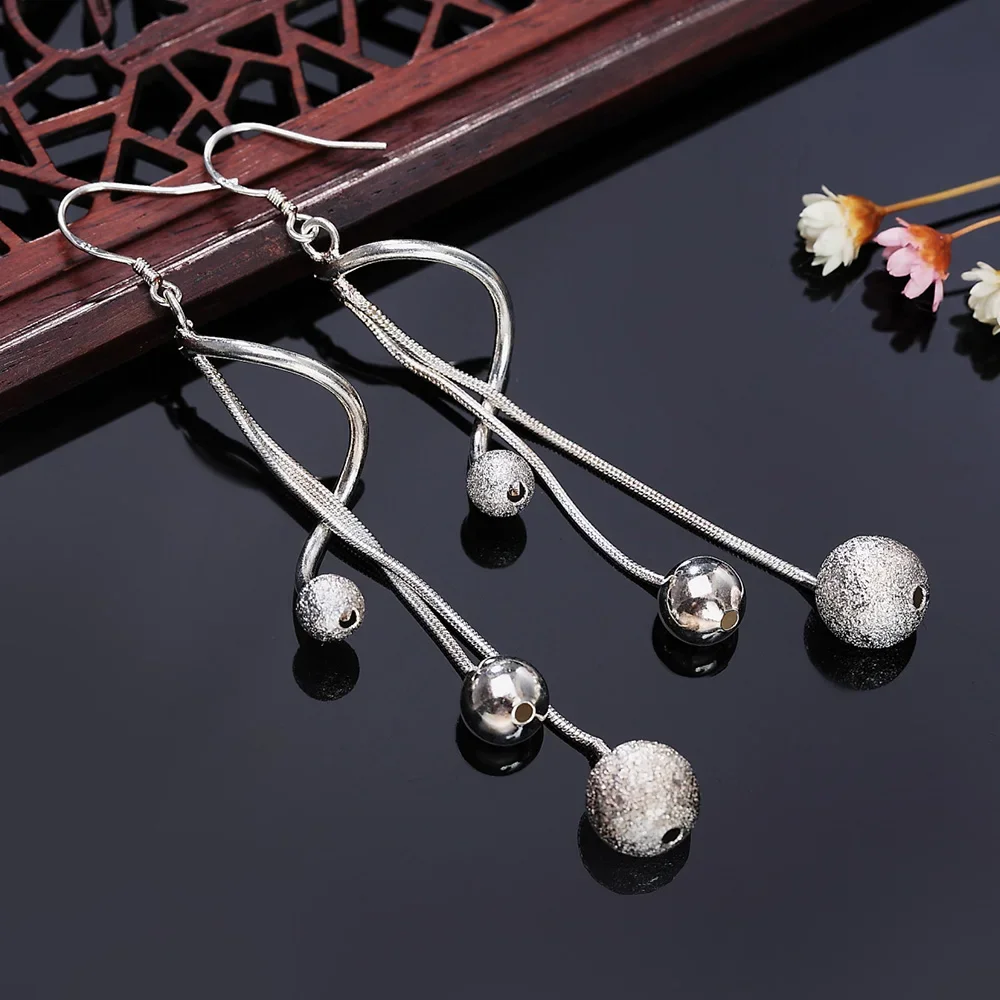 

Charms 925 Sterling Silver Earrings for Women Fashion Jewelry Beads Long Earring Couple Gifts Wedding Party Gift