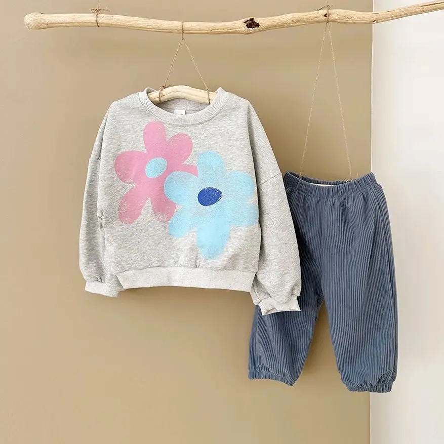 

2024 Baby Clothes Sets Newborn 2PCS Casual Children Flower Printed Cute Spring Autumn Girl 0-4Y Corduroy Top+Pants Clothing