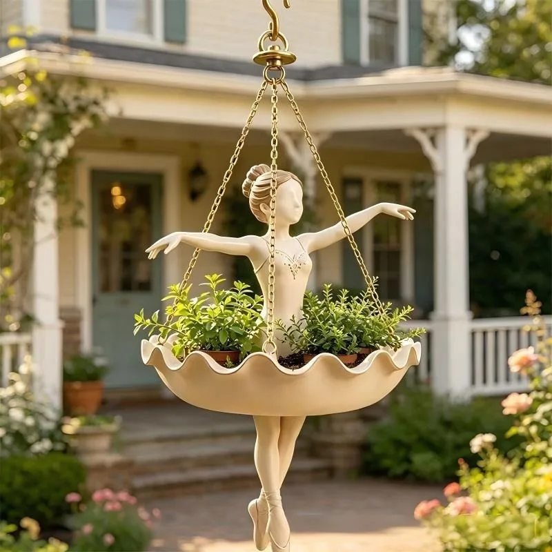 Resin Ballet Dancer Hanging Planter Whimsical Hand Carved Girl Hanging Plant Basket UV Resistant Elegant Ballerina Figure