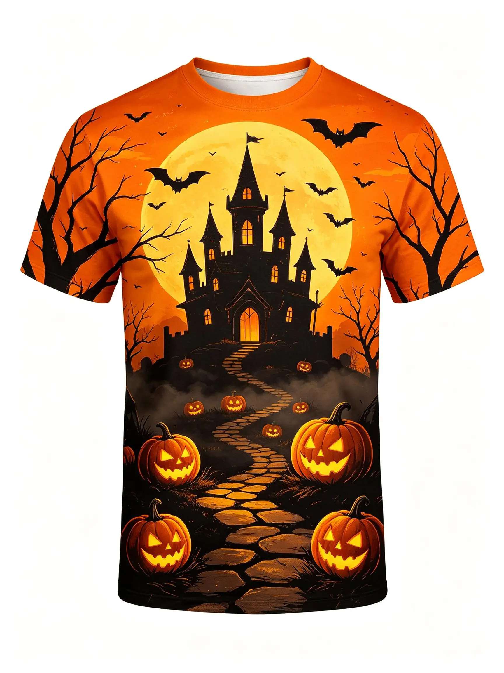 Men Crew Neck Short Sleeve T-shirt, Orange Halloween Haunted Castle Full Moon Bat Pumpkin Lantern Print Casual Top