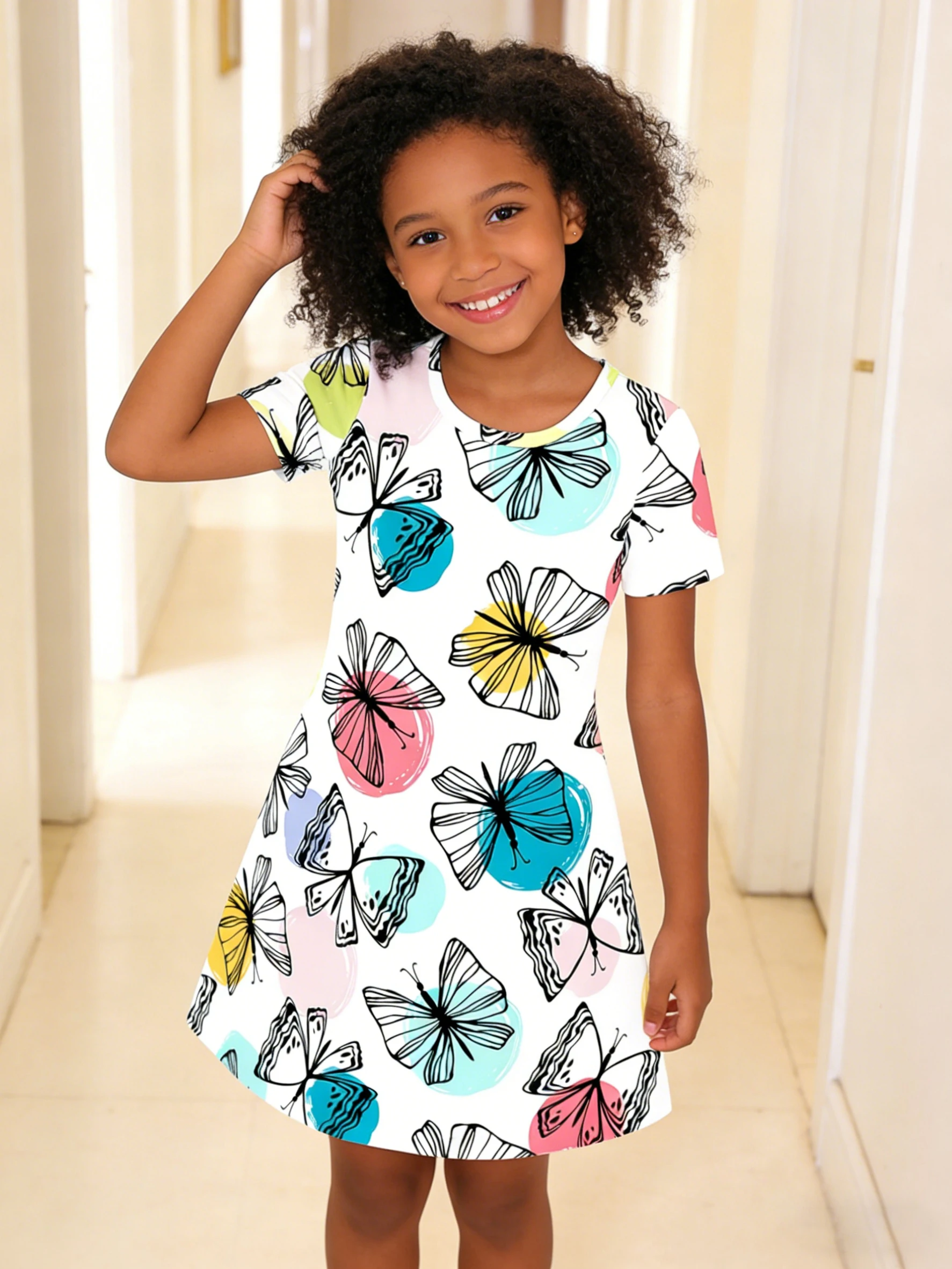 

2026 Girls White Bottom Black and White Butterfly Color Round Print Short Sleeve Dress