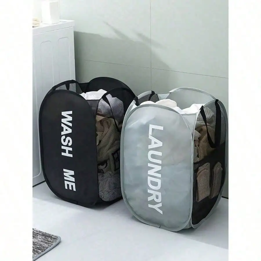 Cesto de Ropa Sucia Plegable de Malla con Asa, Cesto para Ropa Sucia Tipo Pop-Up, Diseño WASH ME/LAUNDRY para Baño y Uso Doméstico