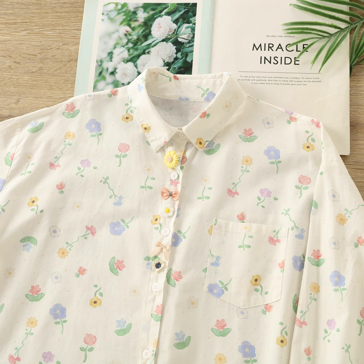 

Japanese vintage clothes 100% cotton garden flower print shirts and blouses for women autumn sweet long sleeve tops