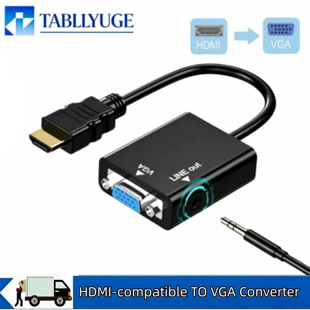 Cabo HDMI compatível com VGA 1080P, adaptador conversor de áudio e vídeo macho para macho para PC, laptop, HDTV, projetor